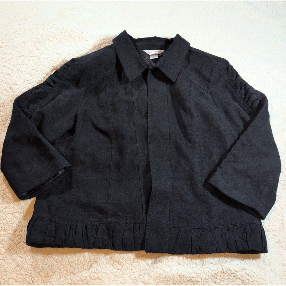 Christopher & Banks Women Black Ruffle Hem Jacket Blazer Large 3/4 Sleeve Casual